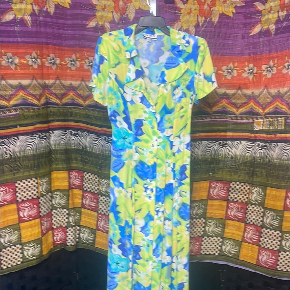 Blue and Green Flutter Sleeve Maxi Sundress